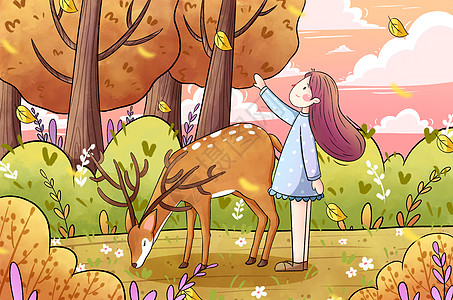秋天女孩与鹿森林漫步图片素材