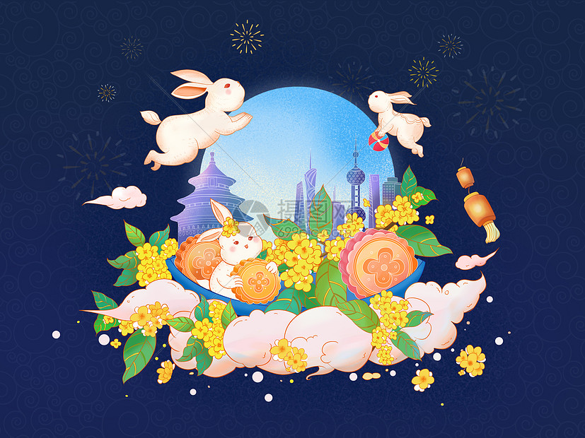欢庆中秋节兔子吃月饼赏桂花插画图片下载-正版图片