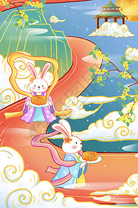 中秋节手绘中国风玉兔插画背景图片