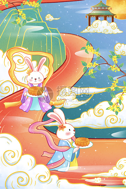 中秋节手绘中国风玉兔插画图片