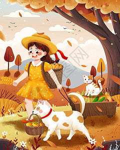 丰收季秋分女孩与狗和猫插画高清图片