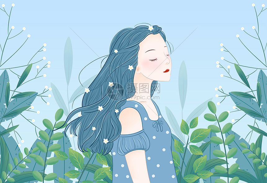 女孩小清新植物唯美插画图片