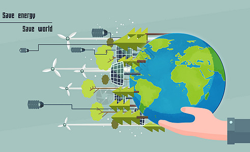 节能灯多种发电方式节约用电环保地球插画
