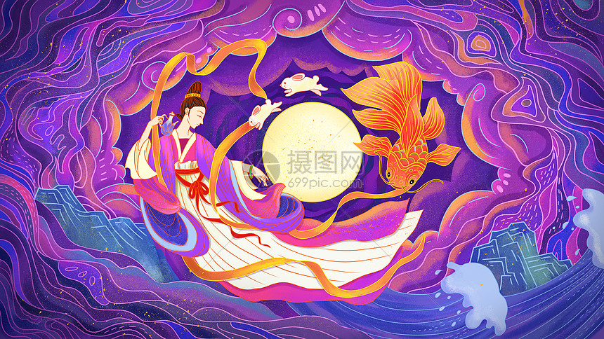 浓情中秋嫦娥奔月国潮风插画图片