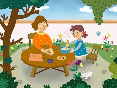 中秋节母女两在院子里做月饼图片