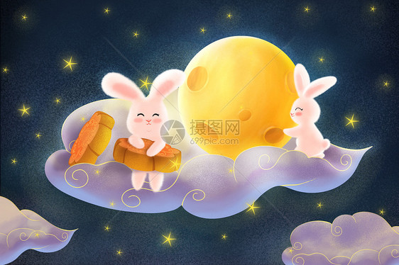 玉兔坐在云朵上图片