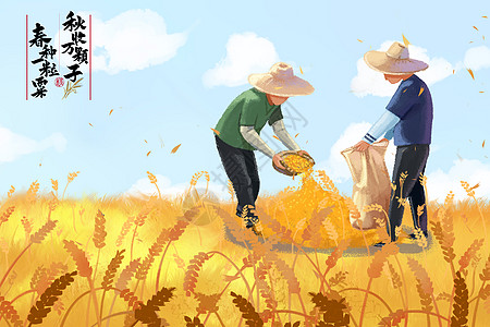水稻收获秋收的农民插画