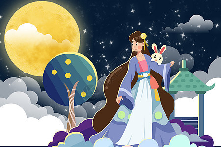 中秋节赏月的嫦娥玉兔背景图片