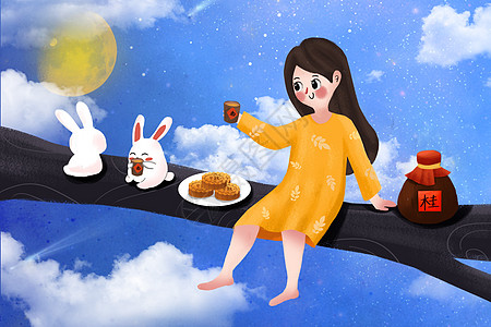 中秋赏月吃月饼的女孩玉兔图片