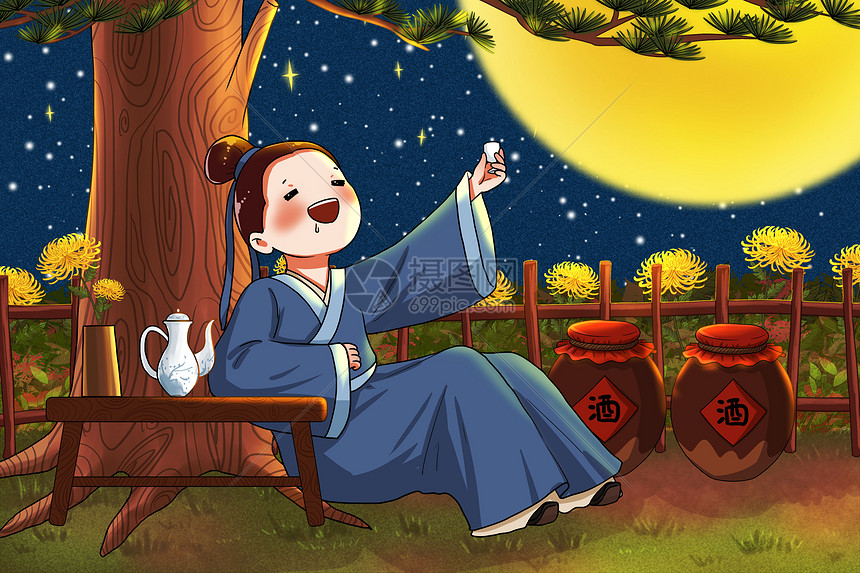夜晚独自坐在松树下喝酒的古人