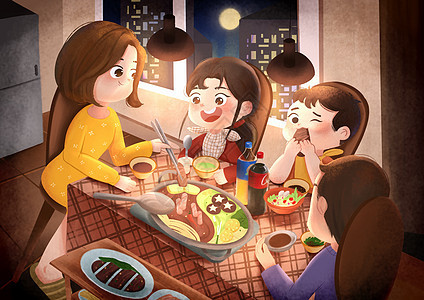 中秋夜家庭团圆饭吃火锅图片