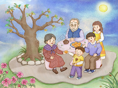 中秋节敬老爱老家人团聚赏花赏月吃月饼背景图片