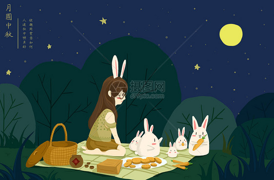中秋节吃月饼赏月图片