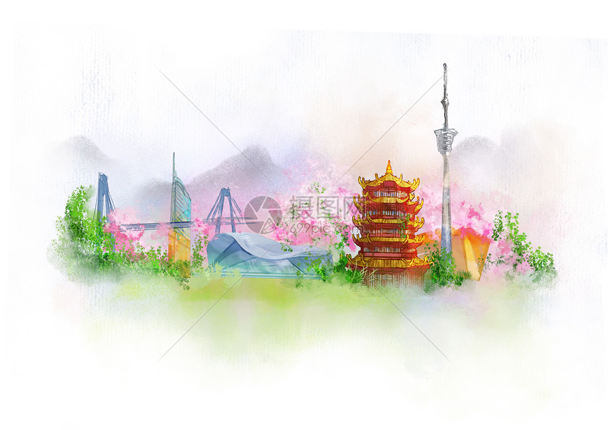 武汉中国风山水水墨城市地标建筑插画图片