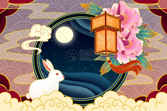 兔子灯笼下赏月剪纸风插画图片