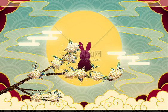 桂花树上赏月的兔子图片