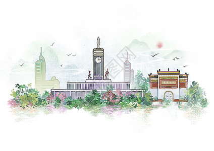 湖南长沙长沙中国风山水水墨城市地标建筑插画插画