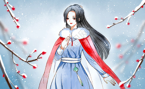 雪中的古风汉服少女高清图片