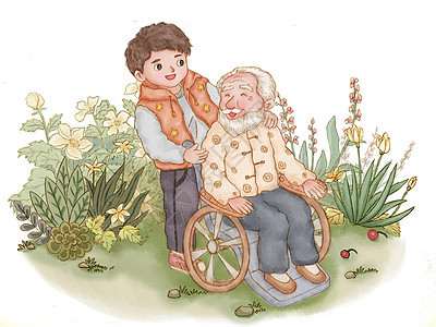 重阳节孙子陪伴坐轮椅的爷爷图片