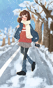 女孩雪中漫步立冬插画图片