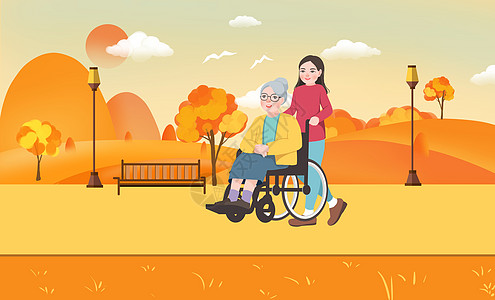 女子给老人推着轮椅散步重阳节插画图片