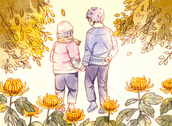 重阳赏菊的老年夫妇图片