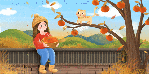 秋季丰收柿子树下的女孩和猫咪GIF高清图片