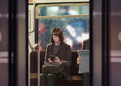 雨天上班地铁上玩手机的女孩插画