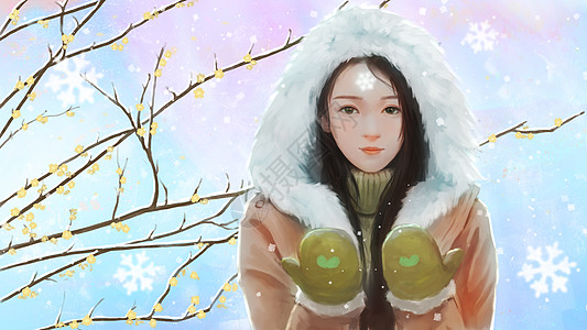 唯美雪中女孩冬天下雪插画图片