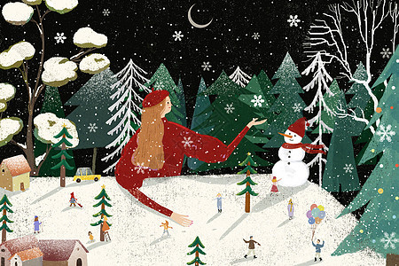 冬天女孩圣诞节下雪插画图片