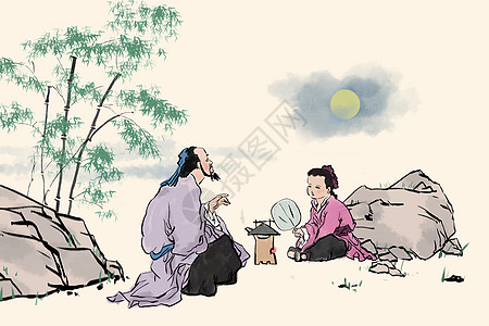 国画中国风月夜里讲故事的老人插画