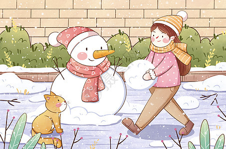 二十四节气立冬女孩堆雪人插画图片