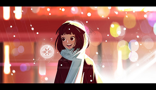 小雪中逆光的少女冬天插画图片