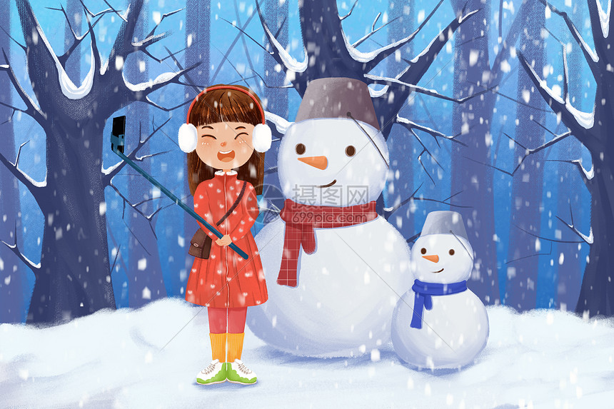 女孩和雪人拍照