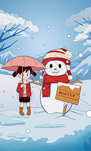 小雪小女孩和雪人竖图插画图片