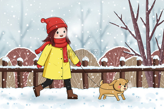 雪中漫步的女孩和小狗图片