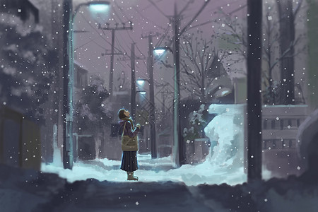 夜晚路灯雪中的少女插画