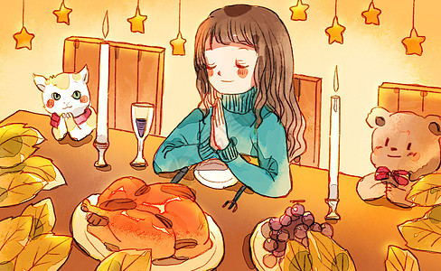 感恩节火鸡感恩节感恩食物的少女插画