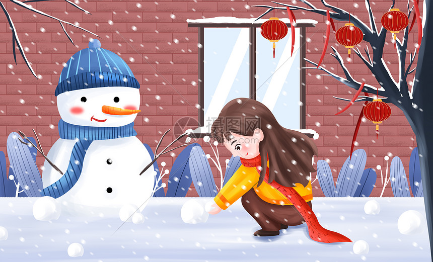 大雪之女孩堆雪人插画图片