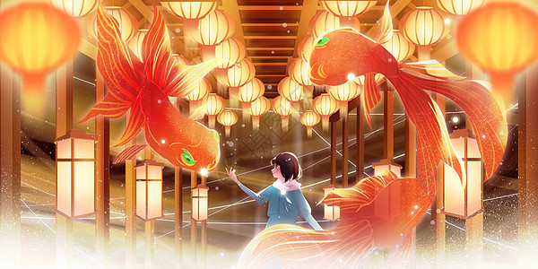 新年祝福插画少女与金鱼背景图片
