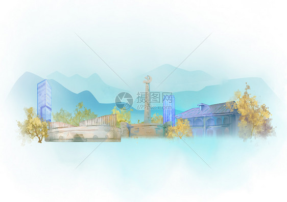 遵义中国风山水水墨城市地标建筑插画图片