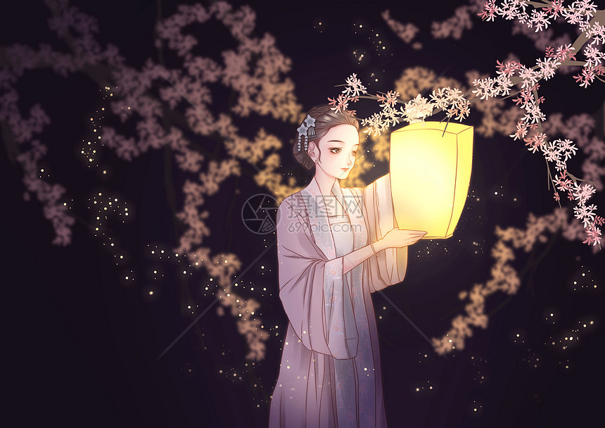 下元节放花灯汉服女子古风唯美清新治愈插画
