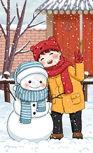 雪中的小孩和雪人图片