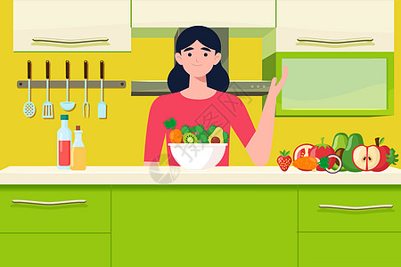 清洗蔬菜水果国际素食日蔬菜水果沙拉扁平矢量插画插画