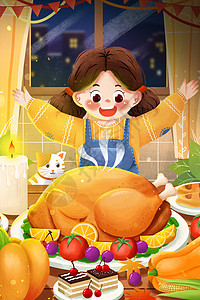 感恩节美味火鸡女孩插画背景图片