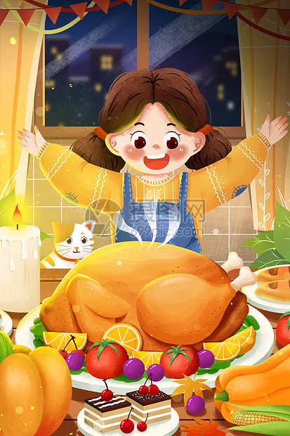 感恩节美味火鸡女孩插画图片