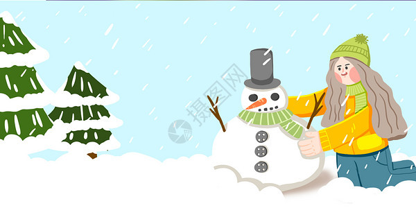 下雪天女孩在雪地里堆雪人背景图片