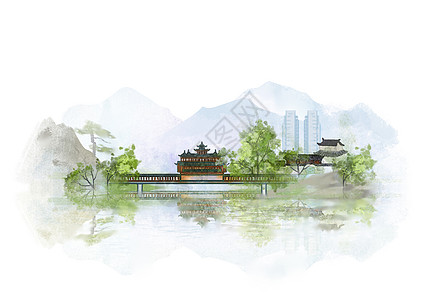 安徽歙县黄山中国风山水水墨城市地标建筑插画插画