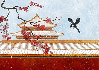 故宫的雪梅花喜鹊背景墙高清图片