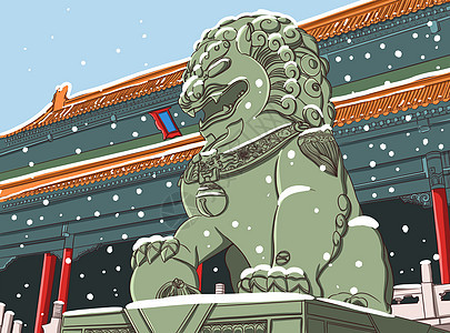 冬至北京故宫的雪景插画图片